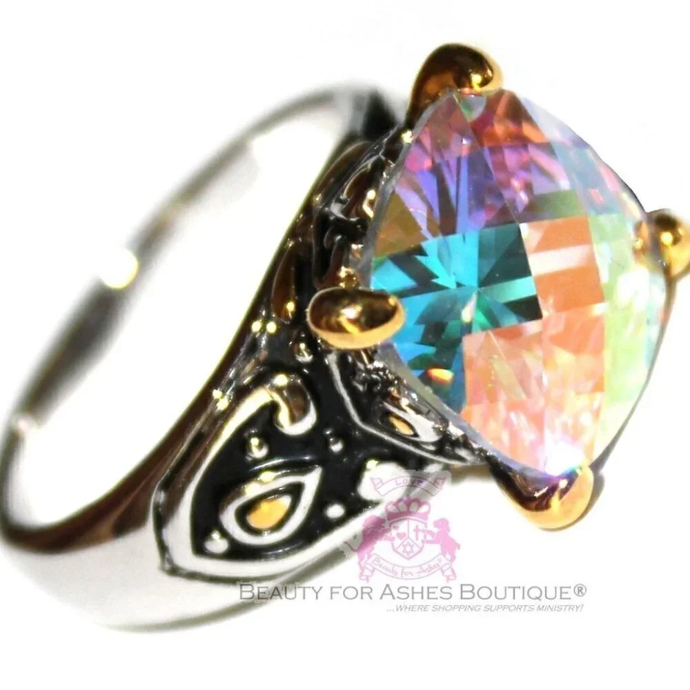 Womens Two Tone Gods Fire Throne Room Aurora Borealis AB Rainbow Ice CZ Ring 8